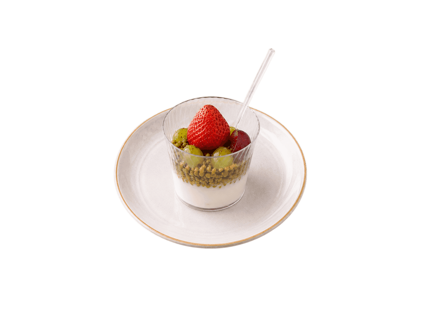 Vaso de yogurt griego, pistacho y fresas